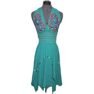 Boho Festival Cottagecore Embroidered Halter Summer Dress Teal Flowy S/M B33-35"